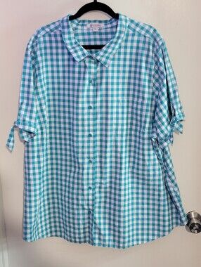 Roaman's Teal and White Gingham Button-Up Shirt
